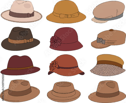 Fotografi Vintage hats collection for women and men featuring fedora cloche and newsboy styles in brown and maroon tones with ribbon details