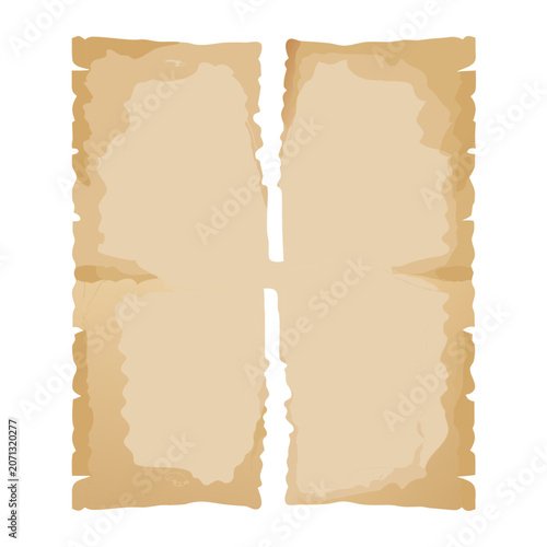 Four old worn paper sheets folded in square pattern with rough edges collection isolated on transparent background.