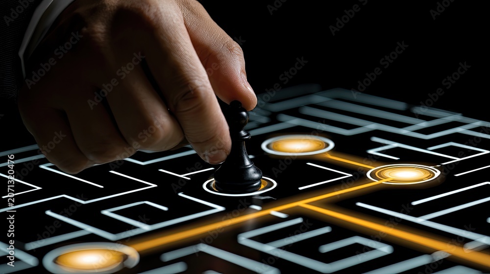 Naklejka premium Hand places chess piece on illuminated maze path