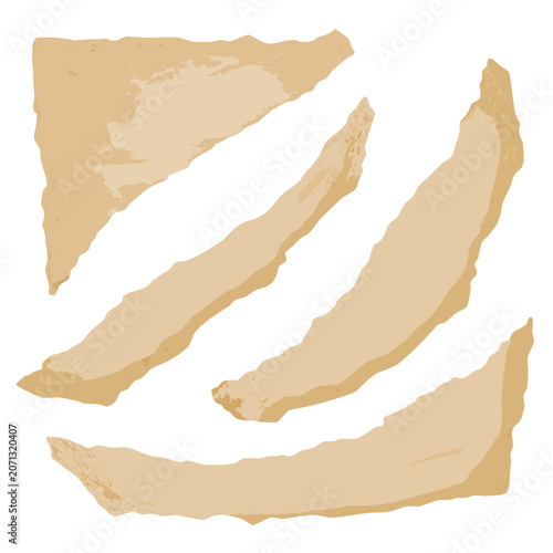 Old grunge paper sheets in various irregular forms on transparent background isolated object, empty design, vector illustration.
