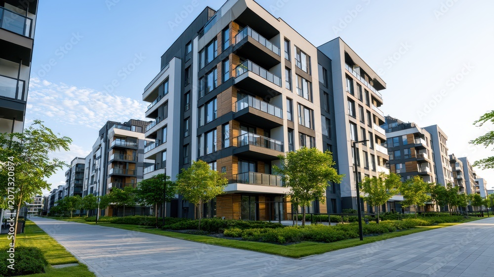 Fototapeta premium Modern multi-story apartment buildings with balconies and glass windows in a new residential district