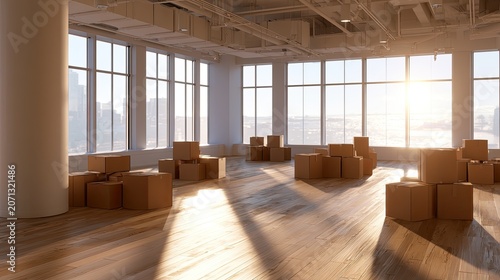 Sunlit empty loft office filled with cardboard boxes, ready for move