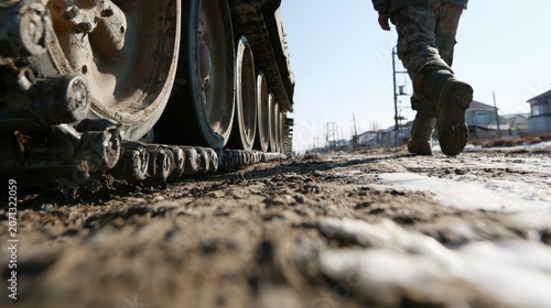 Heavy tread marks on a dusty road, a soldier walks away