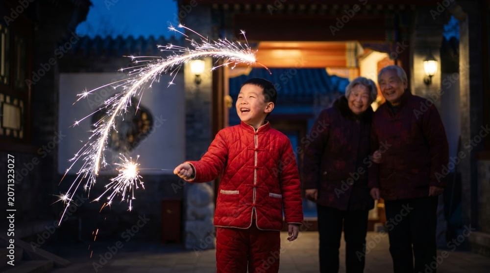 Obraz premium Child holding sparkler celebrating Chinese New Year with family