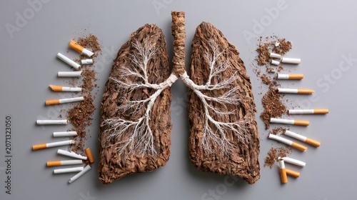 Diseased lungs made of wood and dirt surrounded by extinguished cigarettes