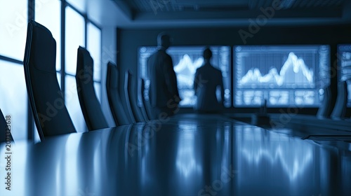 Modern boardroom with charts and figures displayed on screens