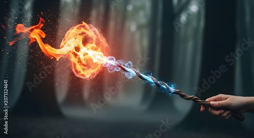 Magical wizard wand casting powerful orange fire spell in deep mysterious forest dark background