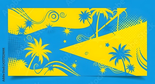 Tropical beach vacation design template background with blue sky and yellow palm silhouettes