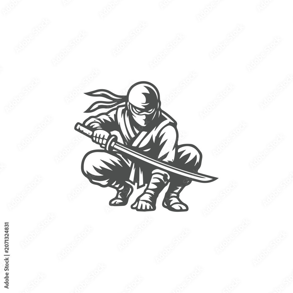 Obraz premium Crouching Ninja Warrior with Katana Sword Mascot Logo Vector Illustration