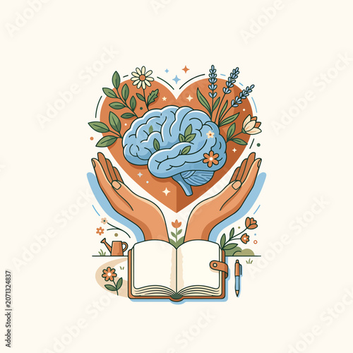Hands holding brain with book and flowers.