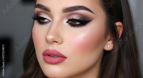 Close up beauty portrait of young beautiful female model with professional glamour makeup look