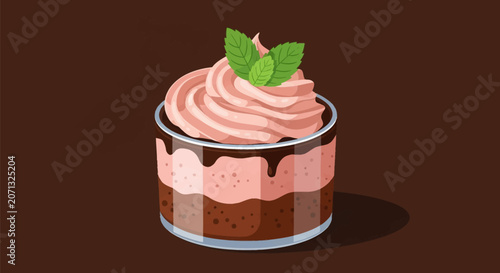 Vector illustration of a layered chocolate and pink cream dessert in a glass cup, topped with a swirl of pink frosting and fresh green mint leaves on a solid brown background.