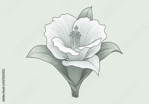 Botanical vector illustration of a blooming flower with detailed petals and central stamens, featuring surrounding pointed leaves in a monochromatic gray and pale green palette.