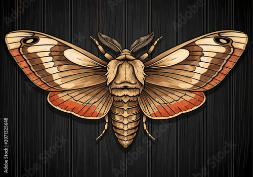 Detailed vector illustration of a moth with spread wings on a dark wood background, featuring intricate wing patterns in brown, tan, and orange tones with feathered antennae.