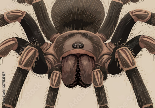Vector illustration of a large hairy tarantula spider, close-up front view showing fangs, eyes, cephalothorax, and hairy legs in brown and tan tones on a neutral background.
