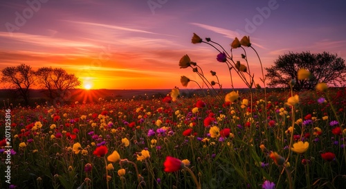 Beautiful wild wildflower field landscape at sunset orange sky twilight nature backdrop