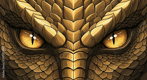 Close up of a golden dragon's face with yellow eyes and metallic scales. Symmetrical dragon head illustration showing reptilian eyes with vertical pupils and layered golden plating.