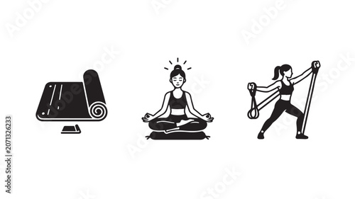 Yoga Mat and Meditation Icons, Women Fitness Resistance Band Exercise Vector Illustrations