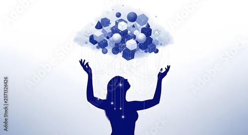 Surreal abstract digital graphic illustration of human silhouette connecting with cloud network rain
