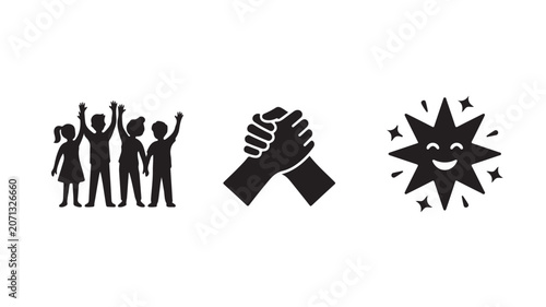 Teamwork Children Silhouette Vector with Handshake and Smiling Star Logo