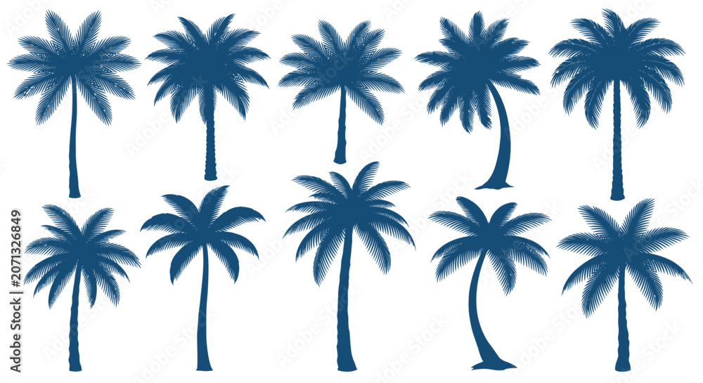 Obraz premium Diverse collection of blue tropical palm tree silhouettes