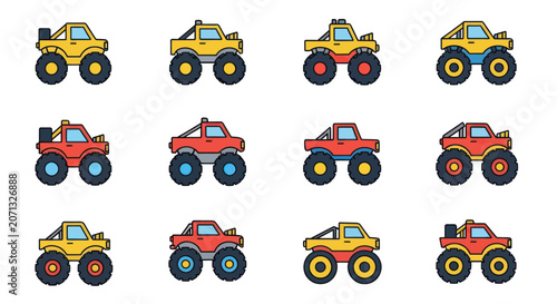 Colorful monster truck collection with oversized tires and roll bars