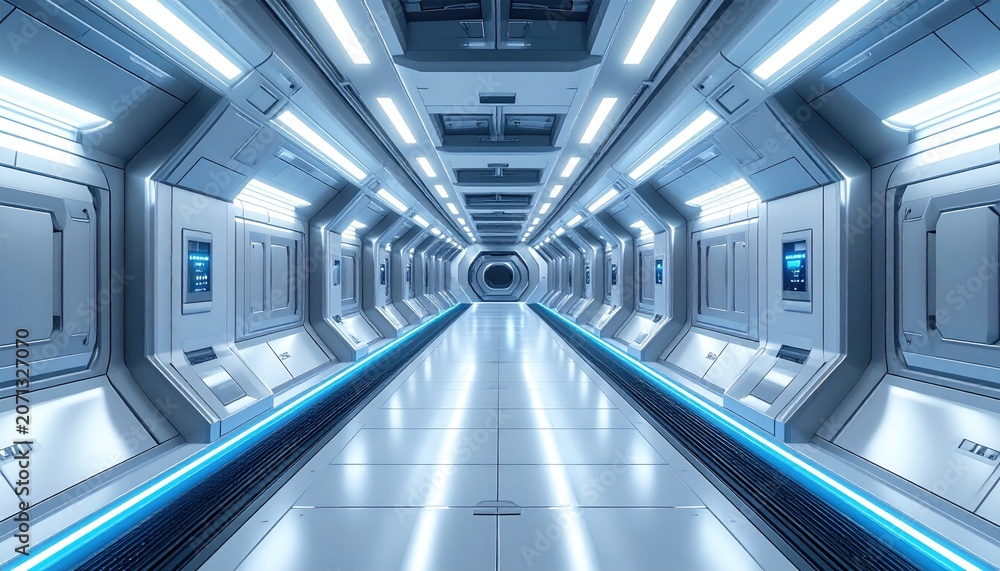 Fototapeta premium Futuristic Sci-Fi Spaceship Corridor with Blue Neon Lights.