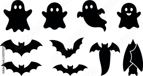 Collection of minimalist black outline vector icons featuring Halloween-themed ghosts and flying bats in silhouette style.