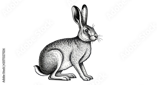 Alert wild hare in vintage engraving style sitting on white