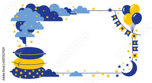 Bedtime border with pillows clouds moon and yellow stars