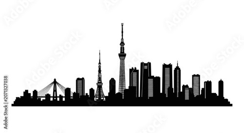 Tokyo city skyline silhouette with famous landmarks and towers