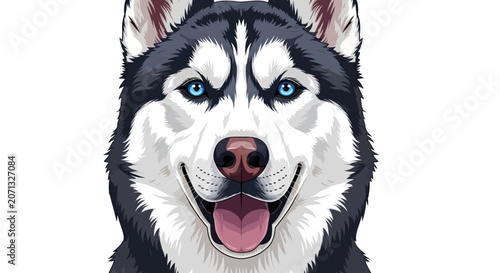 Siberian husky head with bright blue eyes smiling
