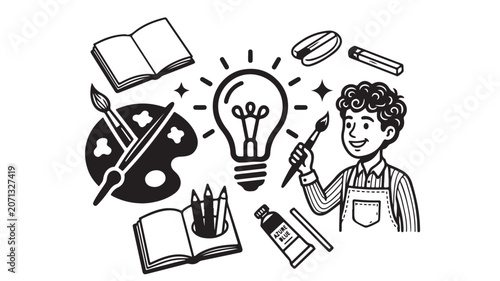 Creative Boy Artist Vector Icon with Paintbrush and Lightbulb Idea