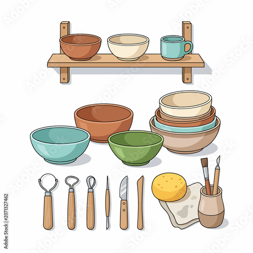 Quadro su tela Kitchen Utensils and Ceramic Bowls Display 1.