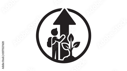 Business Growth Logo Concept of Person Nurturing Plant with Upward Arrow