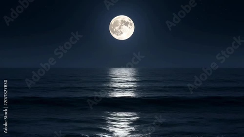 The images depict a tranquil scene of the moon illuminated in a dark night sky, casting a bright reflection on the calm ocean below