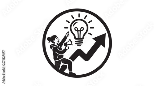 Marketing Strategy Vector Icon with Businesswoman Megaphone and Growth Graph