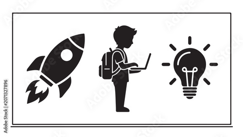 Educational Technology Silhouette with Boy Using Laptop Rocket and Lightbulb