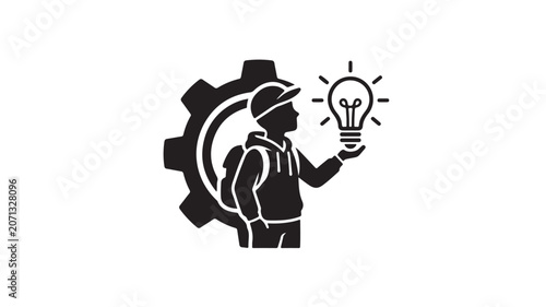 Innovation Vector Icon with Worker Holding Lightbulb and Engineering Gear