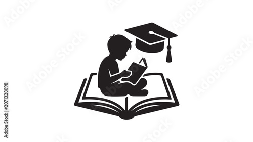 Reading Boy Silhouette Vector with Open Book and Floating Graduation Cap