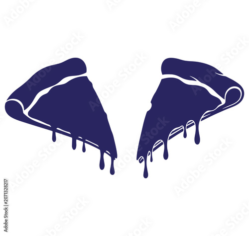 Two slices of pizza with dripping cheese illustration in navy blue isolated on white