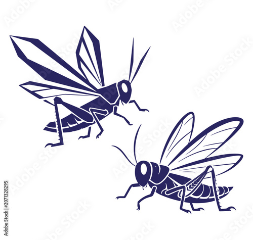 Two stylized blue grasshoppers isolated against a clean white background perfect for designs
