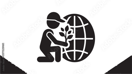 Environmental Conservation Icon with Person Planting Tree Next to Globe