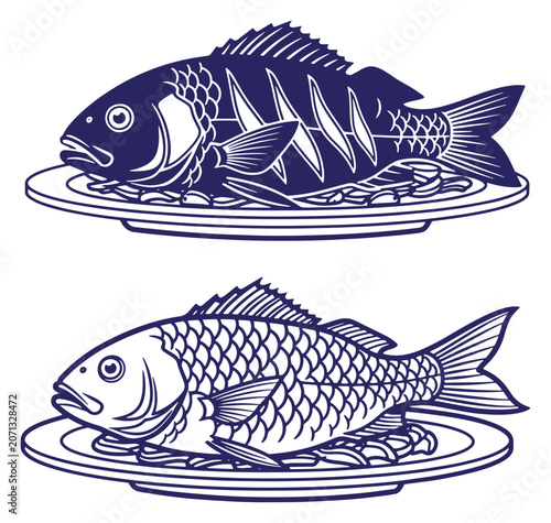 Two vector illustrations of prepared fish on plates in a simple minimalist style