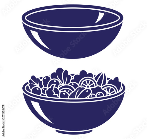 Vector illustration of a filled salad bowl alongside an empty bowl for healthy eating