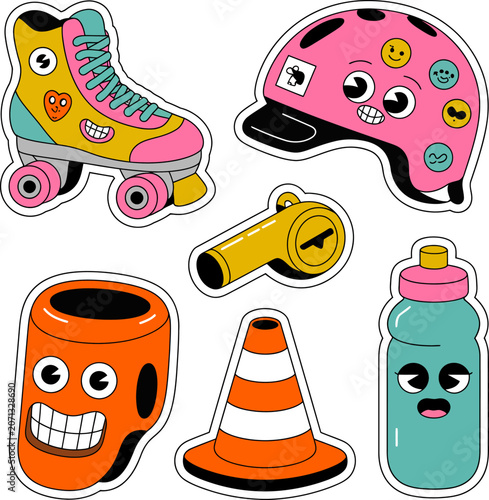 Action Roller Derby Championship And Extreme Rollerblading Sport, Funny Female Skater Athlete And Protective Gear Mascot Sticker Sheet Vector