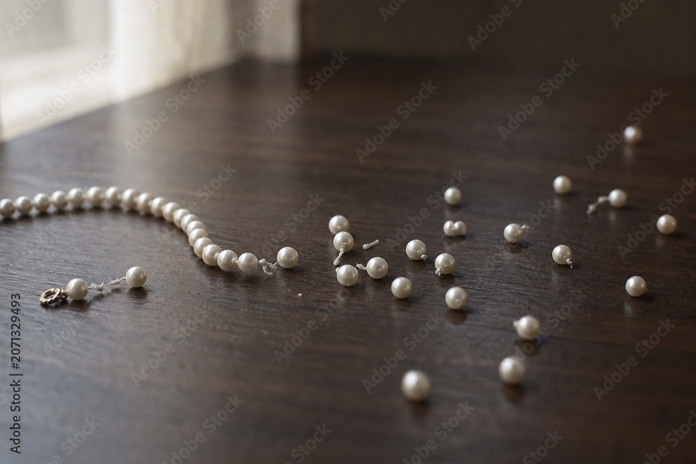 Fototapeta premium A single strand of pearls breaking apart on a dark table, pearls scattering.