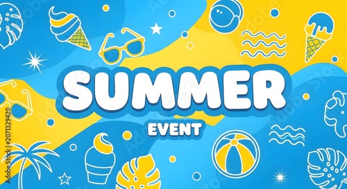 Summer event event text banner background with yellow and blue tropical doodle patterns