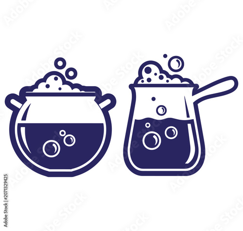 Vector illustration of brewing cauldron and beaker with bubbling liquid for science design