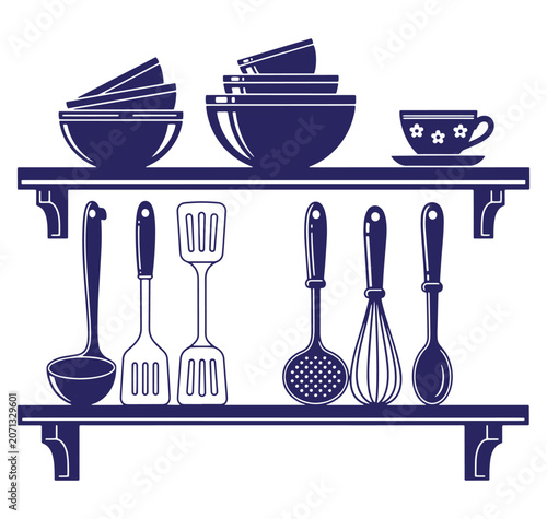 Vector illustration of kitchen utensils and dishes arranged on a simple shelf design.